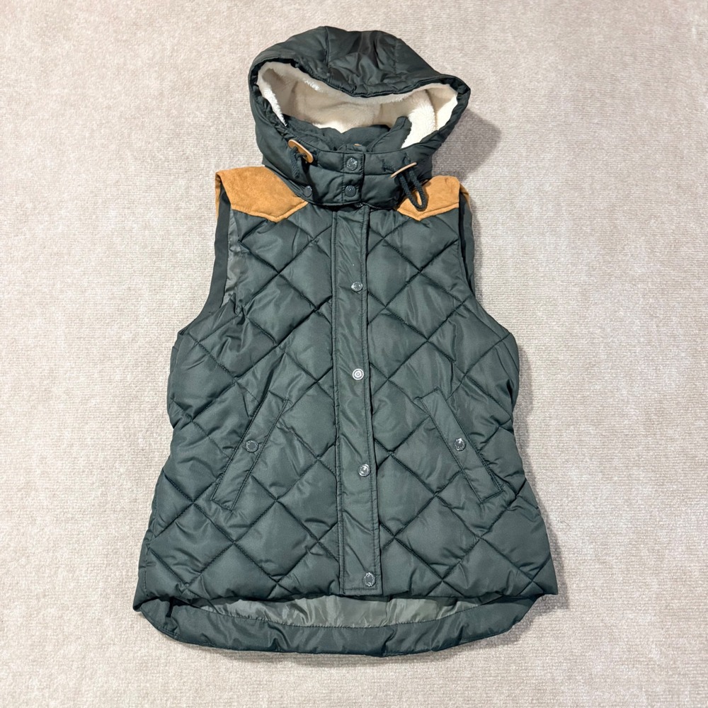 H&M LOGG Womens‎ Quilted Puffer Vest Green Detachable Hood Faux Suede Size 8